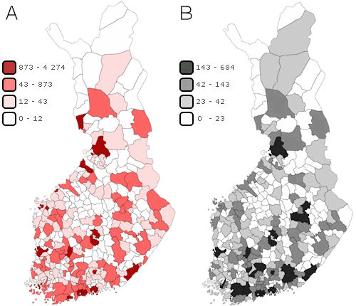 A) Energiaperiset ja teollisuusprosessien kasvihuonekaasupstt Suomessa kunnittain vuonna 2011 (1000 t CO2 ekv.), B) Liikenteen kasvihuonekaasupstt Suomessa kunnittain vuonna 2011 (1000 t CO2 ekv.)