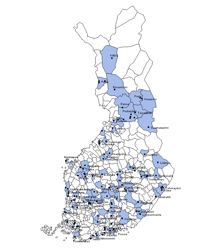 Kartta 1. Lakkautetut ja toiseen oppilaitokseen yhdistetyt peruskoulut ja peruskouluasteen erityiskoulut kunnittain 2009