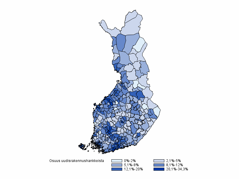 Kuvio 4. Maalmmn osuus vuosina 2010–2015 valmistuneista uudisrakennushankkeista