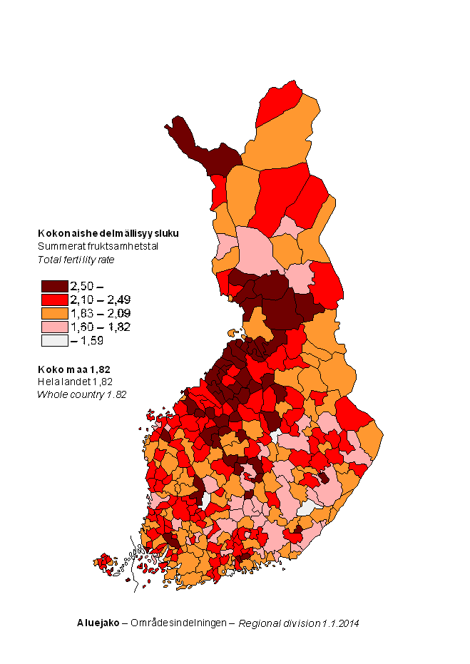 Liitekuvio 3. Kokonaishedelmällisyysluku kunnittain vuosilta 2009–2013