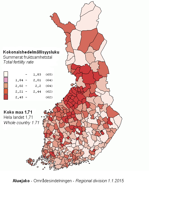 Liitekuvio 3. Kokonaishedelmällisyysluku kunnittain vuosilta 2010–2014