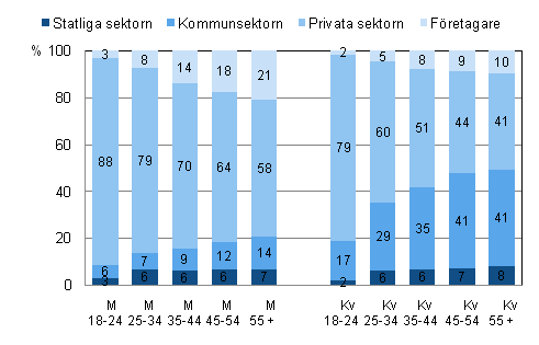 Figur 2. Sysselsatta efter arbetsgivarsektor, kn och lder r 2009