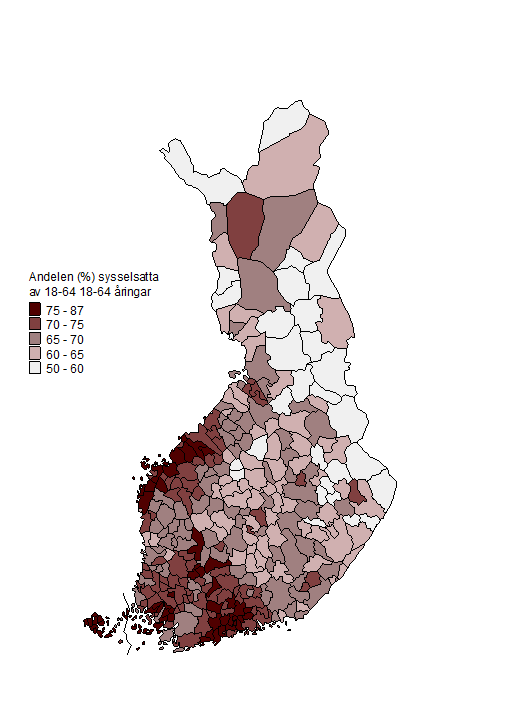 Figurbilaga 2. Andelen (%) sysselsatta av 18–64-ringar efter kommun r 2012 (preliminra uppgifter)