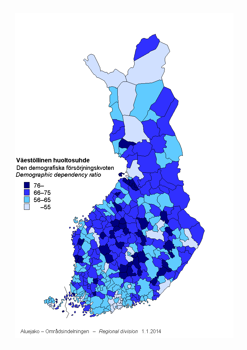 Appendix figure 5. The demographic dependency ratio by municipality 31.12.2013