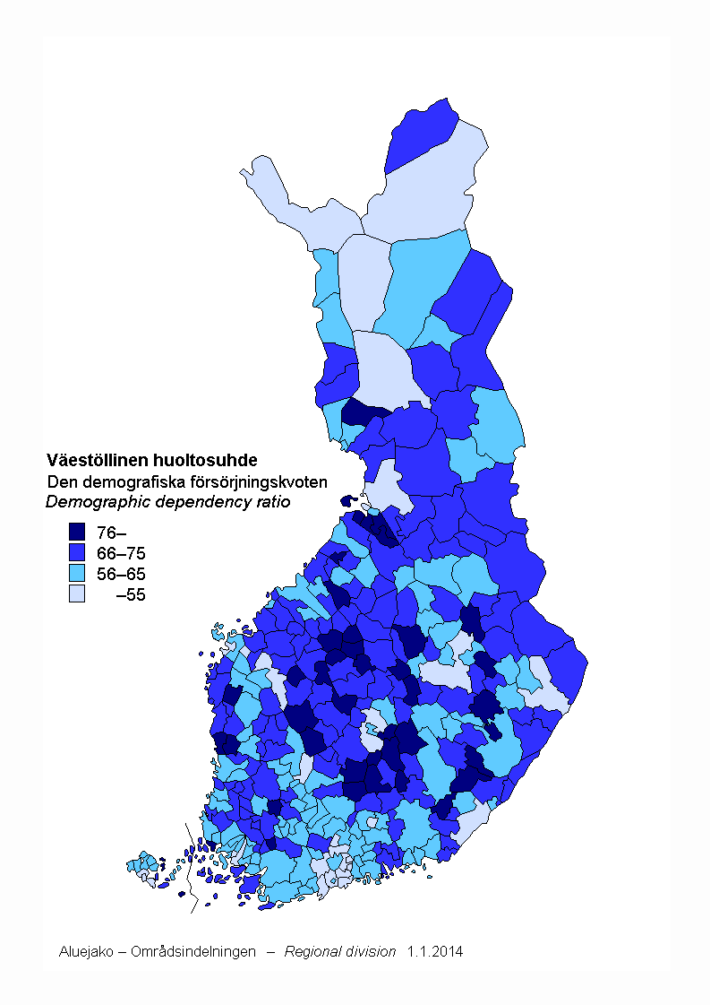 Figurbilaga 5. Den demografiska försörjningskvoten kommunvis 31.12.2013