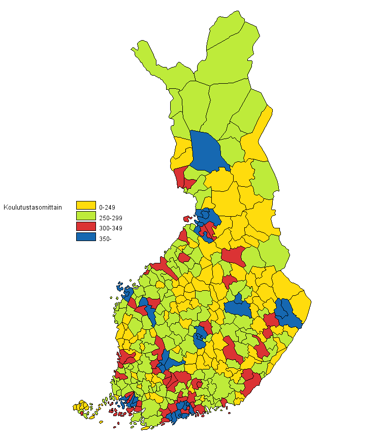Liitekuvio 5. 20 vuotta täyttäneen väestön koulutustaso kunnittain 2011 (kartta)