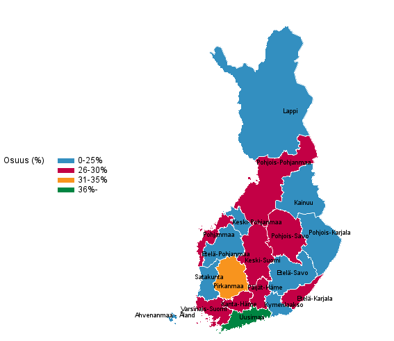 Korkea-asteen tutkinnon suorittanut väestö maakunnittain 2016, prosenttia