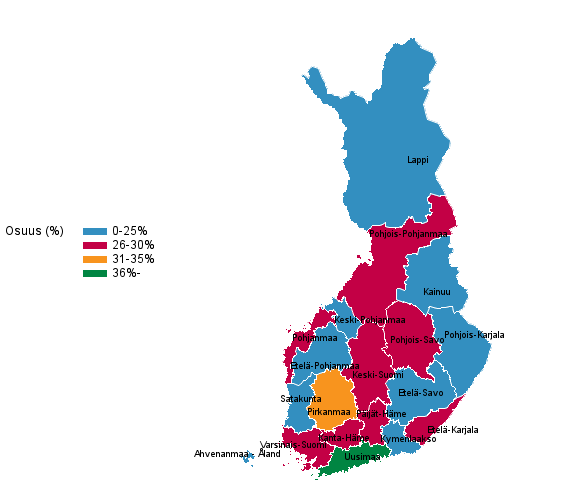 Korkea-asteen tutkinnon suorittanut vest maakunnittain 2016, prosenttia