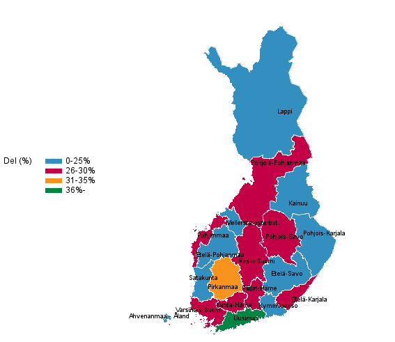 Befolkningen som avlagt examen på högre nivå efter landskap 2016, procent