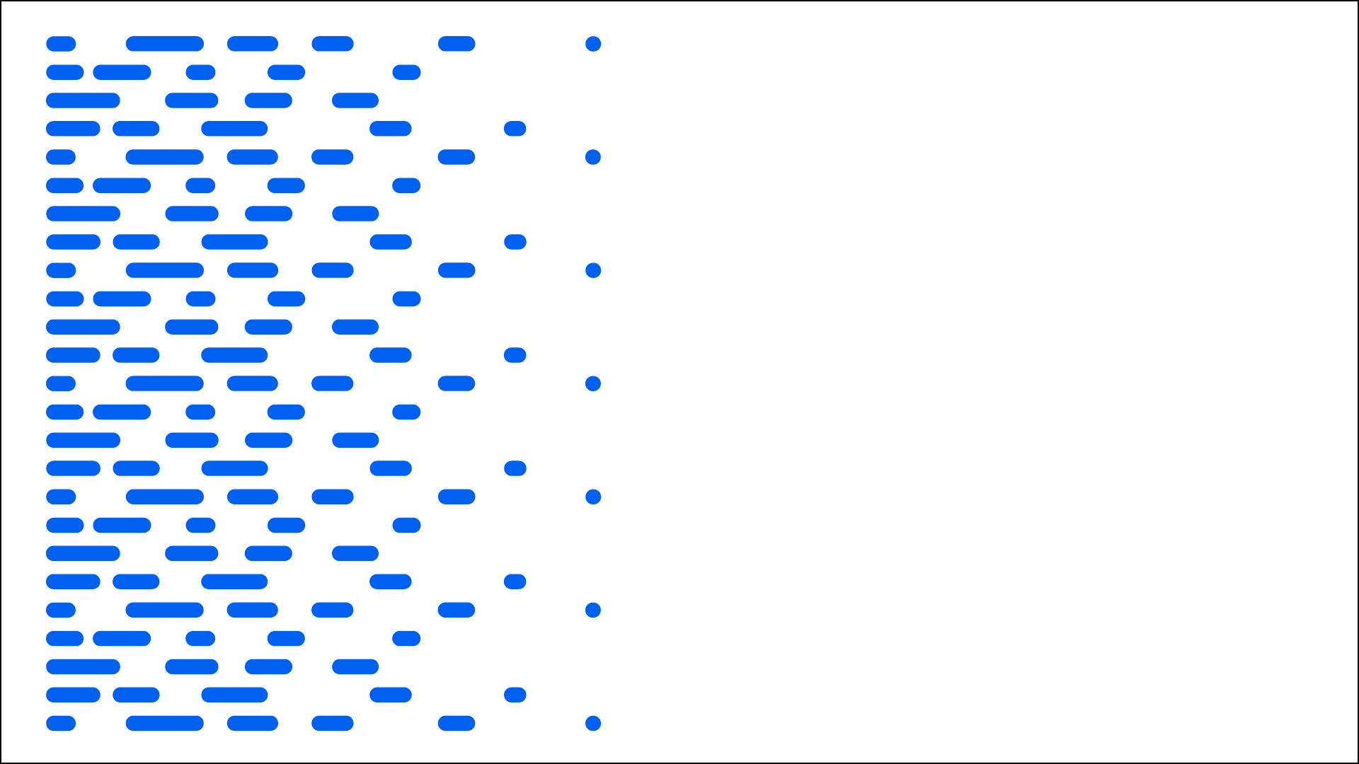 I den ena kanten av dataflödesmönstret finns tätt av vågräta balkar av olika storlek.Balkarna förekommer allt glesare ju närmare man rör sig den andra kanten och mönstret avslutas med punkter.Balkarna på bilden är illblåa.
