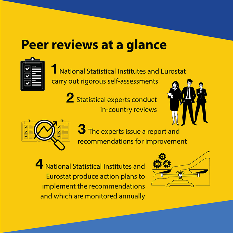 Peer reviews at a glance. 1 National Statistical Institutes and Eurostat carry out rigorous self-assessments. 2. Statistical experts conduct in-country reviews. 3. The experts issue a report and recommendations for improvement. 4. National Statistical Institutes and Eurostat produce action plans to implement the recommendations and which are monitored annually.