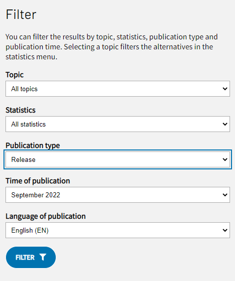 Filter menu for the list of future releases. The filtering options are Topic, Statistics, Publication type, Time of publication and Language of publication. The type Release has been selected in the menu under Publication type.