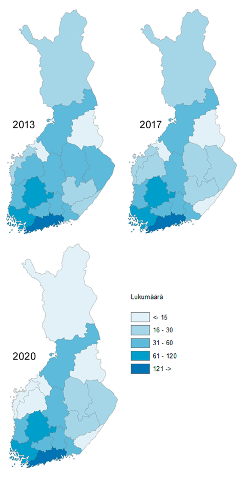 Kolme karttaa esittävät kirpputorien lukumäärät maakunnittain vuosille 2013, 2017 ja 2020. Toimipaikkojen lukumäärä on kuvattu viisiportaisesti: alle 16, 16–30, 31–60, 61–120 ja yli 120 kirpputoria. Kirpputoreja on eniten Uudellamaalla, Varsinais-Suomessa ja Pirkanmaalla. Vuosien 2013 ja 2020 välillä kirpputoritoimipaikkojen lukumäärä on selvästi supistunut muun muassa Pohjanmaalla ja Etelä-Pohjanmaalla, sekä Eteliä-Karjalassa, joissa se on laskenut 16–30 kirpputorista alle 16 kirpputoriin.