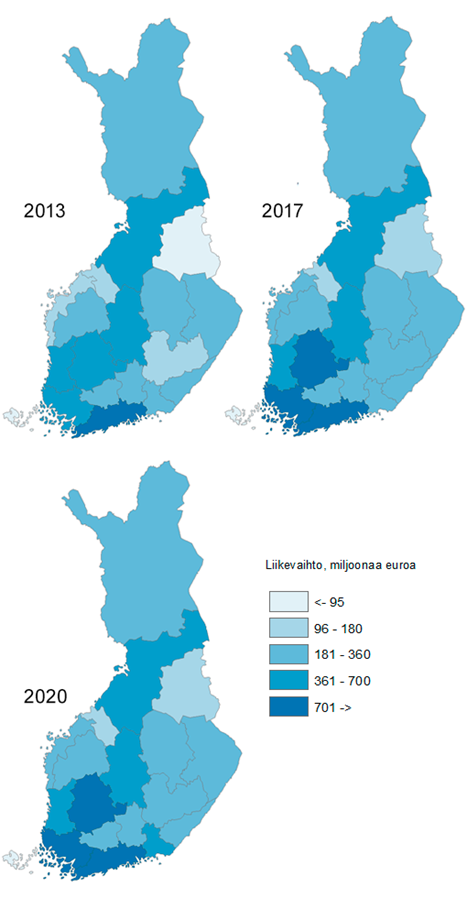 Kuvio sisältää Suomen kartan vuosille 2013, 2017 ja 2020. Kartoissa on esitetty kiertotaloustoimipaikkojen liikevaihto viisiportaisesti: alle 95 miljoonaa euroa, 96–180 miljoonaa euroa, 181–360 miljoonaa euroa, 361–700 miljoonaa euroa ja yli 701 miljoonaa euroa. Isoimmat liikevaihdot ovat keskittyneet eteläiseen-Suomeen. Uudellamaalla liikevaihto on kaikissa kartoissa ylimmällä tasolla. Pirkanmaan ja Varsinais-Suomen liikevaihto nousee vuoden 2017 kartassa toisiksi korkeimmalta tasolta korkeimmalle tasolle.