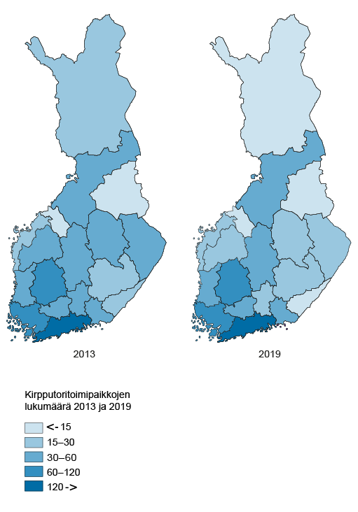 Kaksi Suomen karttaa, joissa kuvattu kirpputoritoimipaikkojen lukumäärä maakunnittain vuosina 2013 ja 2019. Luvut ovat saatavana tällä sivulla olevasta Excel-taulukosta alueellinen data.