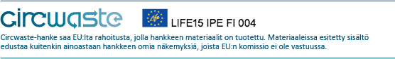 Circwaste-logo. Circwaste-hanke saa EU:lta rahoitusta, jolla hankkeen materiaalit on tuotettu. Materiaaleissa esitetty sisältö edustaa kuitenkin ainoastaan hankkeen omia näkemyksiä, joista EU:n komissio ei ole vastuussa. Hankenumero LIFE 15 IPE FI 004.