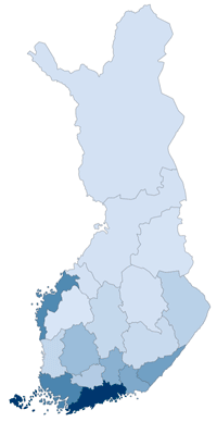 Ulkomaalaistaustaisen osuudet maakunnittain 2019. Suurimmat osuudet Ahvenanmaalla 15,9 %, Uudellamaalla 14,2 % ja Varsinais-Suomessa 7,7 %. Vähiten Etelä-Pohjanmaalla 2,4 % ja Kainuussa 3 %.