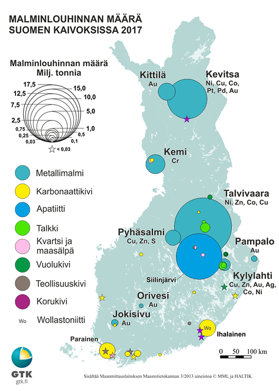 Kartta 1. Malmin louhinnan määrä Suomen kunnissa 2017. Lähde: Geologian tutkimuskeskus