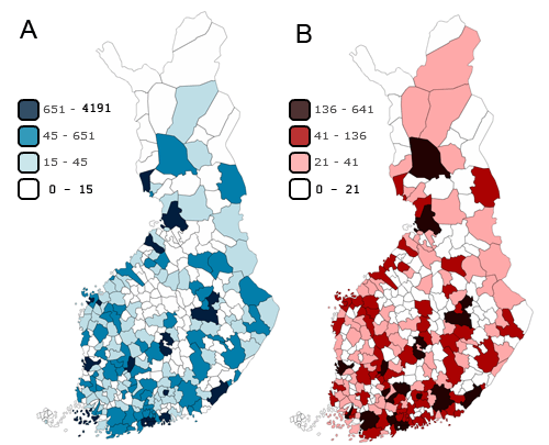 A) Energiaperiset ja teollisuusprosessien kasvihuonekaasupstt Suomessa kunnittain vuonna 2012 (1000 t CO2 ekv.), B) Liikenteen kasvihuonekaasupstt Suomessa kunnittain vuonna 2012 (1000 t CO2 ekv.)