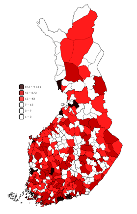 Energiaperäiset sekä teollisuusprosessien ja tuotteiden käytön kasvihuonekaasupäästöt Suomessa kunnittain vuonna 2013 (1000 t CO2-ekv.)