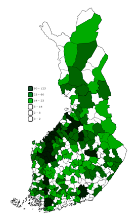 Maatalouden kasvihuonekaasupäästöt Suomessa kunnittain vuonna 2013 (1000 t CO2-ekv.)