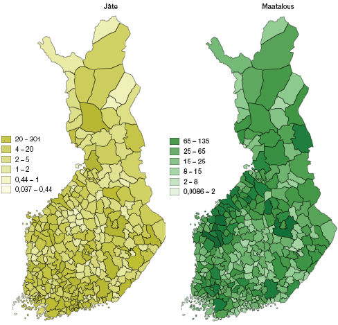 Maatalouden ja jätesektorin kasvihuonekaasupäästöt Suomessa kunnittain vuonna 2017 (1000 t CO2-ekv.).