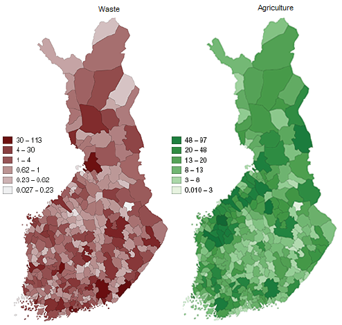 Greenhouse gas emissions from the waste sector and agriculture in Finland by municipality in 2018 (1,000 t CO2 eq.)