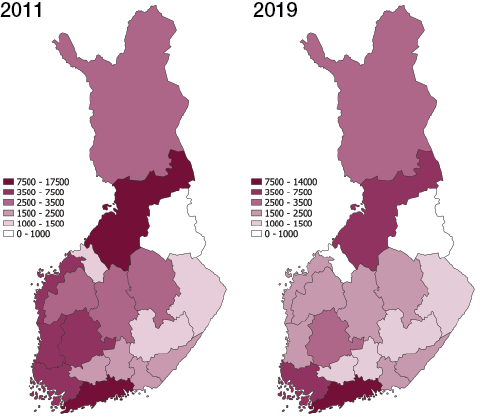 Kasvihuonekaasuinventaarion kokonaispstt maakunnittain vuosina 2011 ja 2019 (1000 t CO2 ekv)