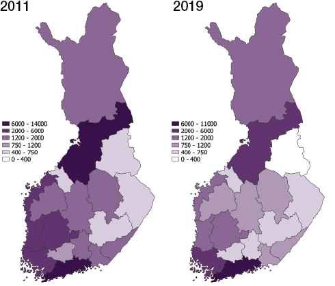 Energiaperäiset (ilman liikennettä) sekä teollisuusprosessien ja tuotteiden käytön kasvihuonekaasupäästöt maakunnittain vuosina 2011 ja 2019 (1000 t CO2-ekv.)
