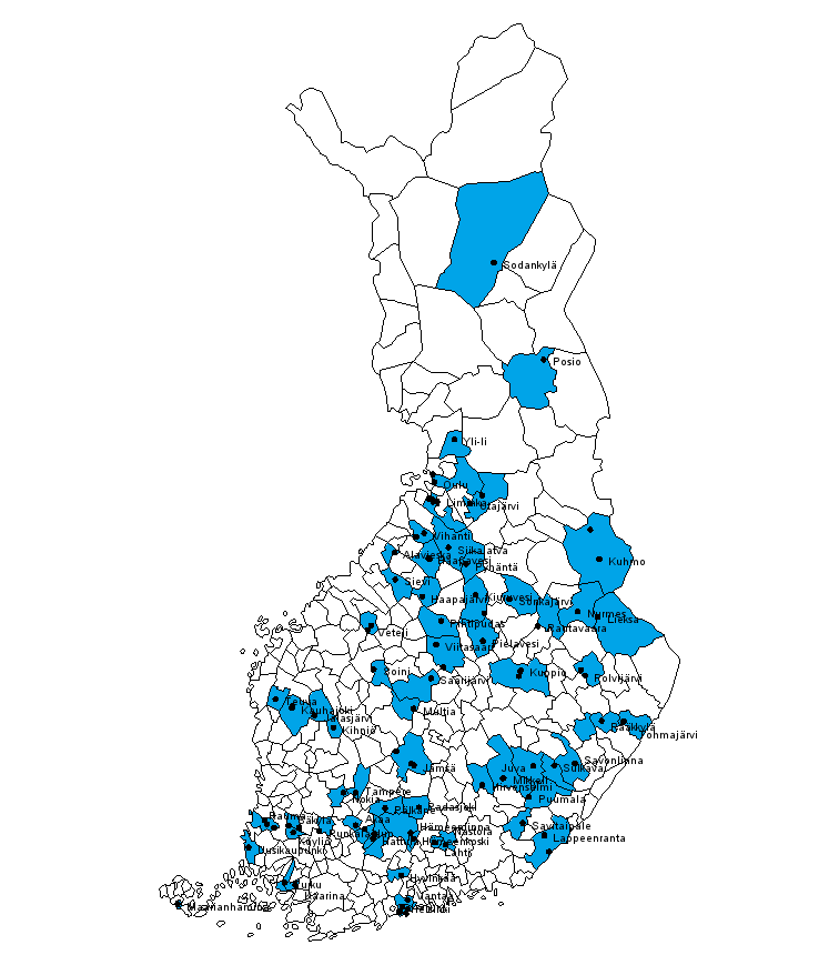 Liitekuvio 1. Lakkautetut ja toiseen oppilaitokseen yhdistetyt peruskoulut ja peruskouluasteen erityiskoulut kunnittain 2011 (kartta)