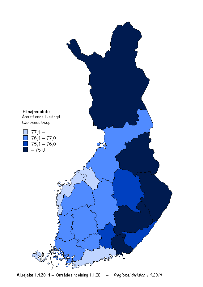 Liitekuvio 2a. Miesten elinajanodote maakunnittain 2008–2010