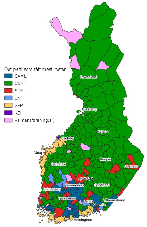 Figurbilaga 1. Karta: Partiet som fått flest röster kommunvis i kommunalvalet 2021, hela landet
