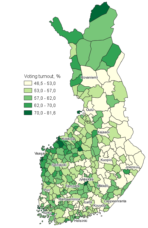 Appendix figure 2. Map: Voting percentage by municipality in Municipal elections 2021, whole country