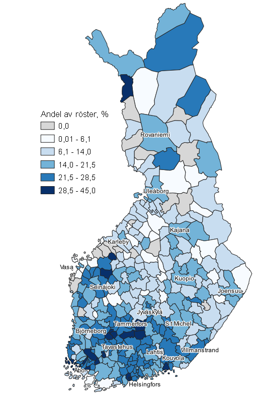Figurbilaga 3. Karta: Samlingspartiets väljarstöd kommunvis i kommunalvalet 2021, hela landet