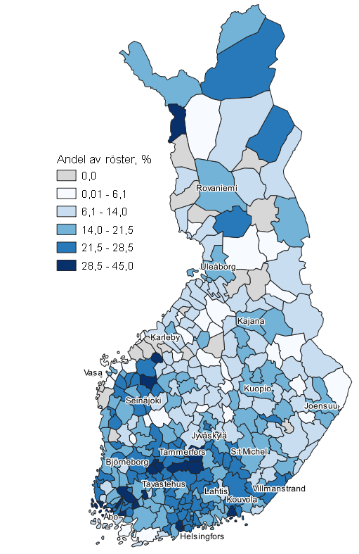 Figurbilaga 3. Karta: Samlingspartiets vljarstd kommunvis i kommunalvalet 2021, hela landet