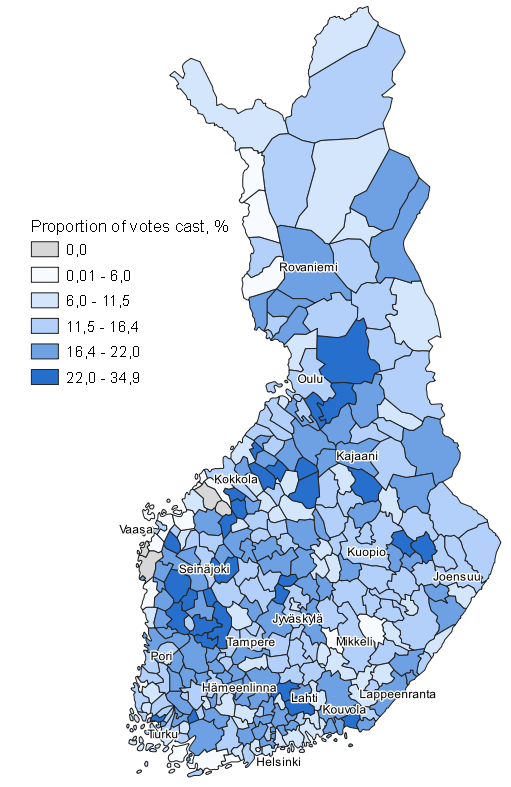 Appendix figure 6. Map: Support for the Finns Party by municipality in Municipal elections 2021, whole country