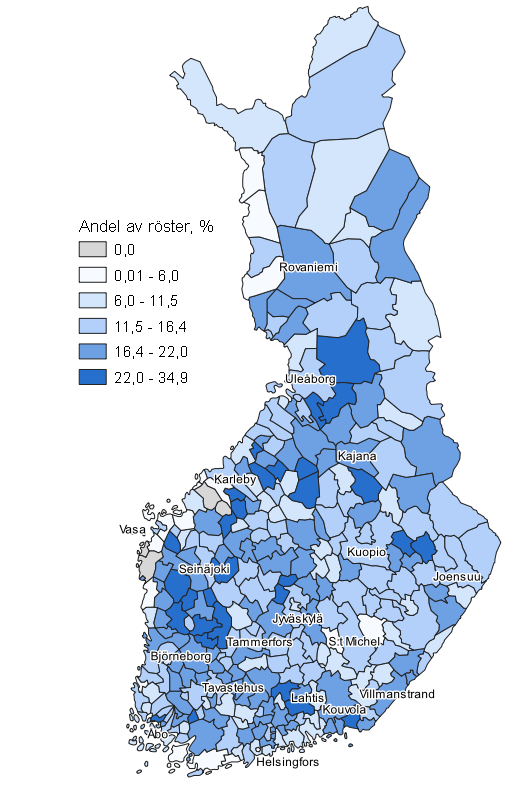 Figurbilaga 6. Karta: Sannfinländarnas väljarstöd kommunvis i kommunalvalet 2021, hela landet