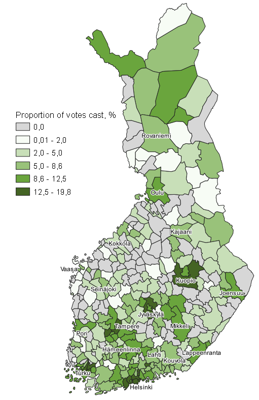 Appendix figure 7. Map: Support for the Green League by municipality in Municipal elections 2021, whole country