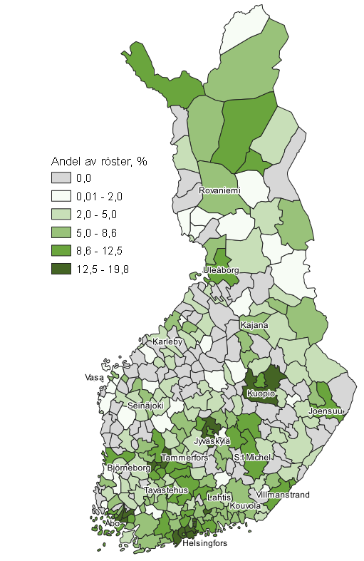 Figurbilaga 7. Karta: De Grönas väljarstöd kommunvis i kommunalvalet 2021, hela landet