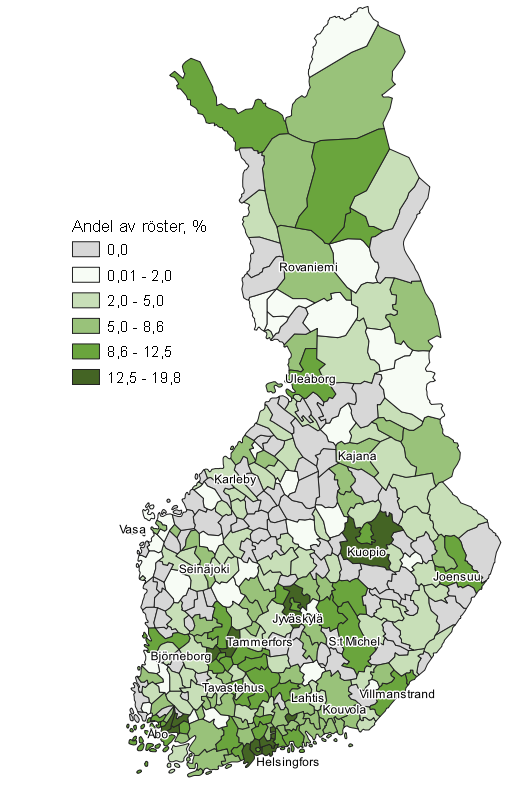 Figurbilaga 7. Karta: De Grnas vljarstd kommunvis i kommunalvalet 2021, hela landet 