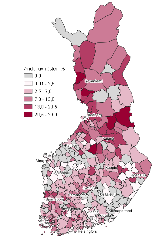 Figurbilaga 8. Karta: Vänsterförbundets väljarstöd kommunvis i kommunalvalet 2021, hela landet