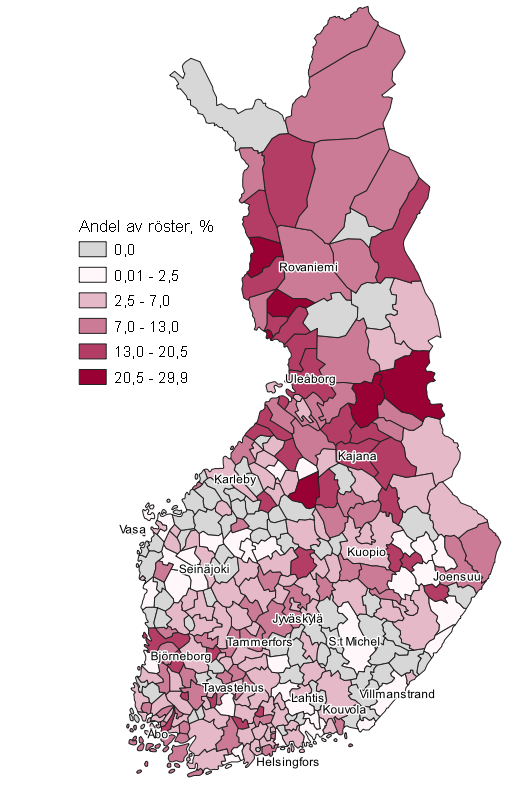 Figurbilaga 8. Karta: Vnsterfrbundets vljarstd kommunvis i kommunalvalet 2021, hela landet 