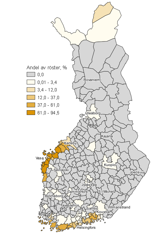 Figurbilaga 9. Karta: SFP:s väljarstöd kommunvis i kommunalvalet 2021, hela landet
