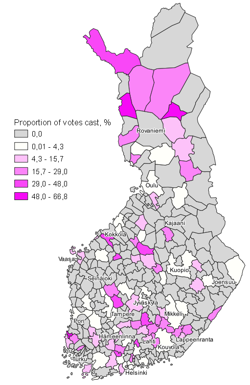 Appendix figure 11. Map: Support for Constituency associations by municipality in Municipal elections 2021, whole country