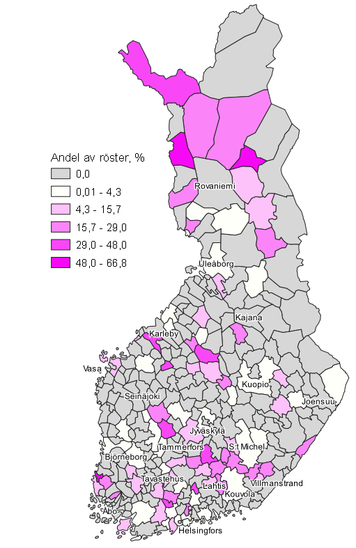 Figurbilaga 11. Karta: Valmansföreningarnas väljarstöd kommunvis i kommunalvalet 2021, hela landet