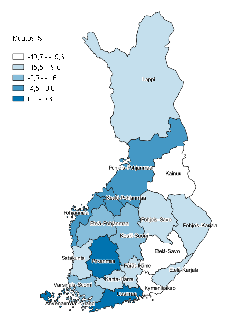 Lapsiperheiden alle 18-vuotiaiden lasten määrän muutos maakunnittain vuodesta 2008 vuoteen 2018