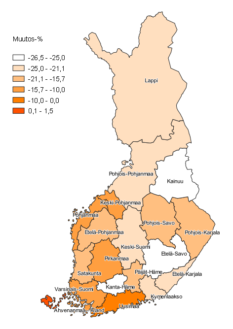 Lapsiperheiden alle 3-vuotiaiden lasten määrän muutos maakunnittain vuodesta 2008 vuoteen 2018