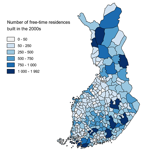New free-time residences built in the 2000s by municipality