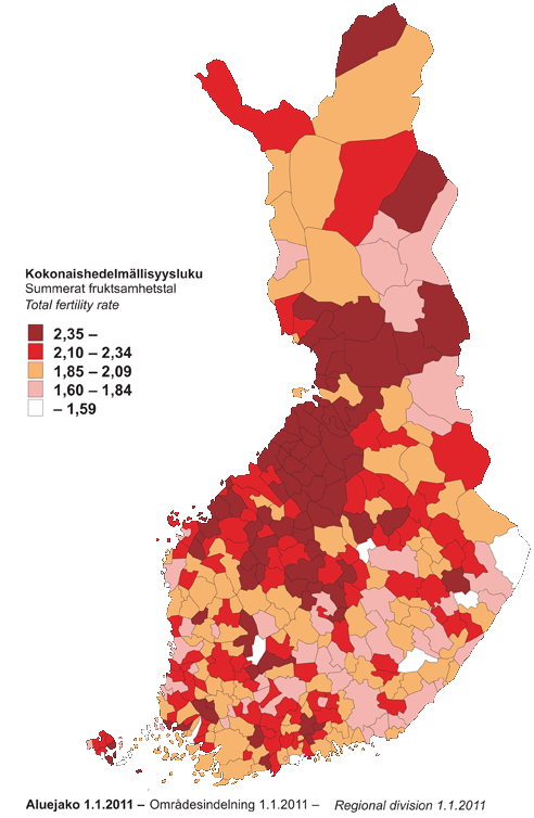 Liitekuvio 3. Kokonaishedelmällisyysluku kunnittain 2006–2010