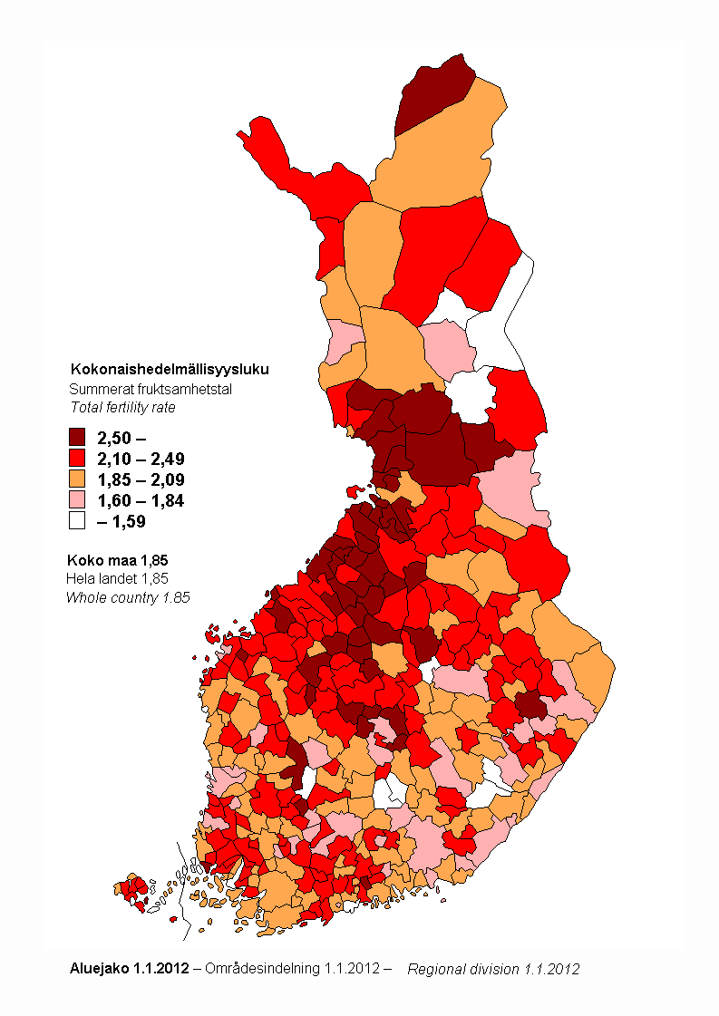 Liitekuvio 3. Kokonaishedelmällisyysluku kunnittain vuosilta 2007–2011